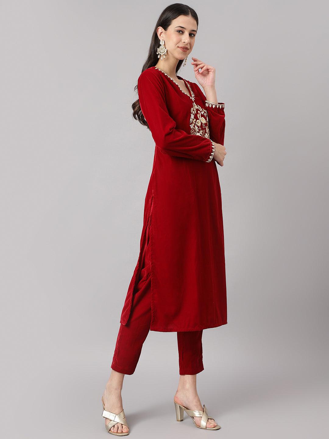 Divena Red Solid Velvet hand work Kurta pant With Organza Dupatta set