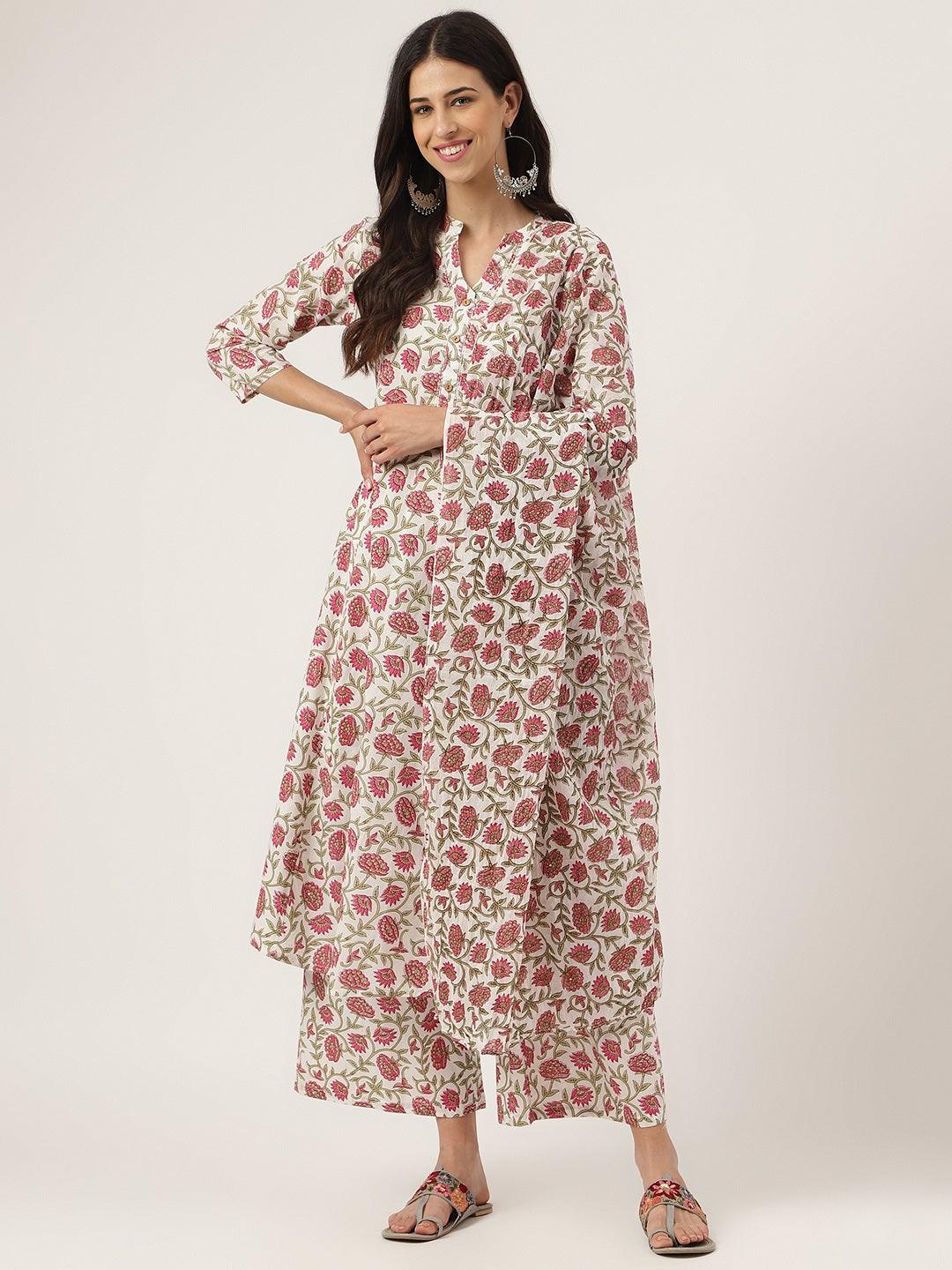 Divena White Floral Printed Anarkali Kurta Palazoo Sets