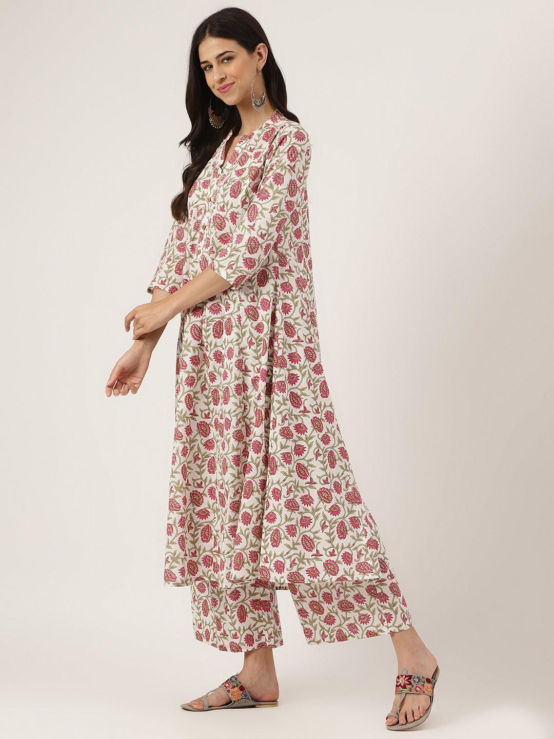 Divena White Floral Printed Anarkali Kurta Palazoo Sets