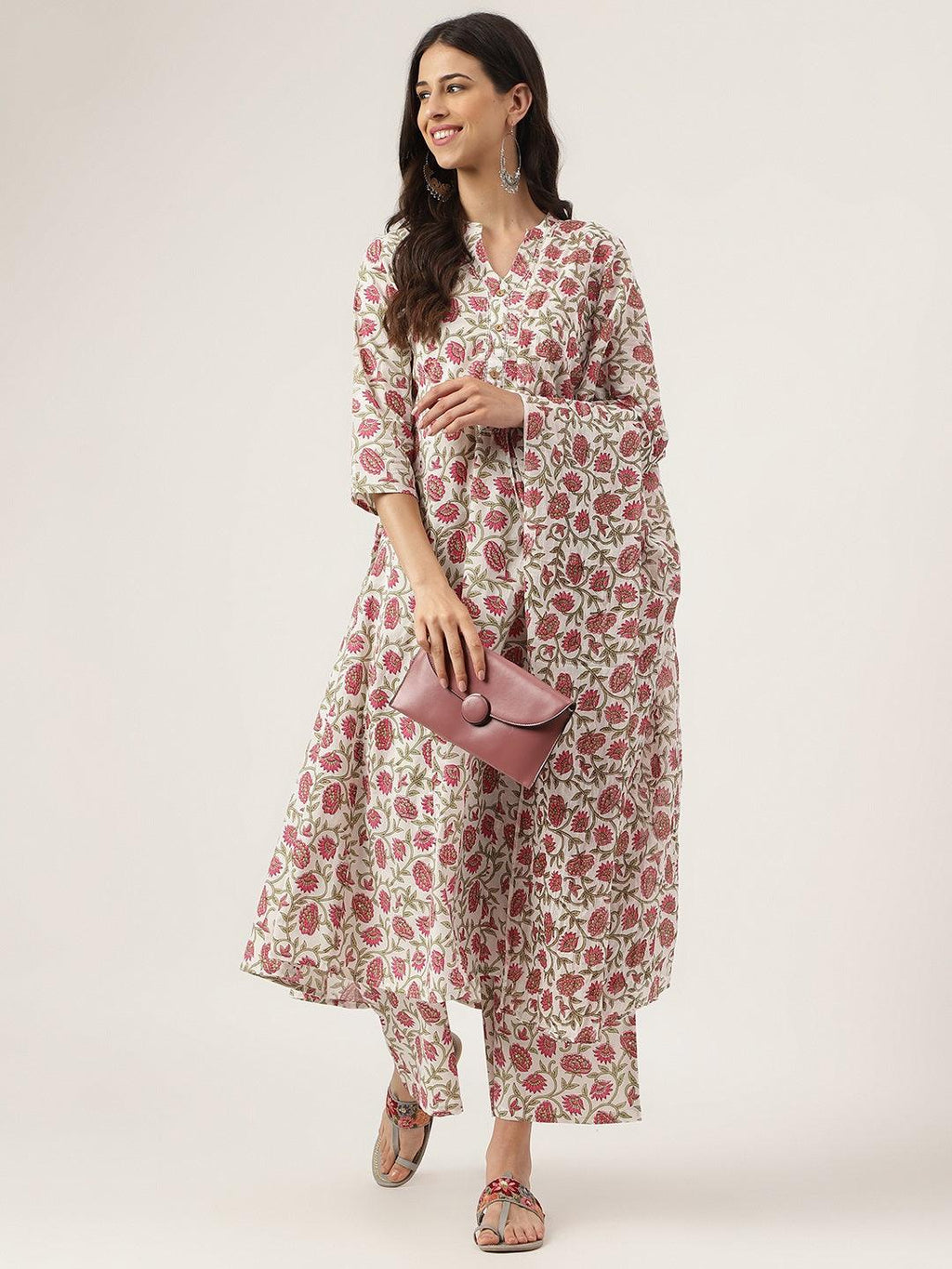 Divena White Floral Printed Anarkali Kurta Palazoo Sets