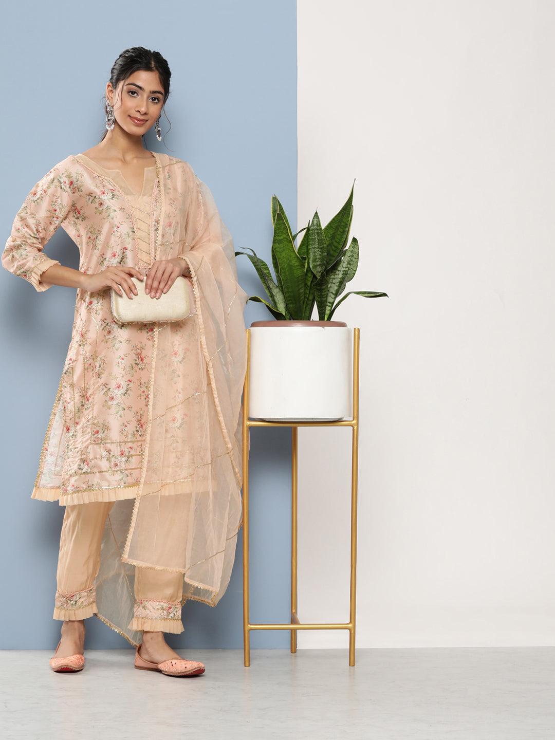 Divena Poly Chanderi floral Printed Kurta Pant Set with Organza Dupatta