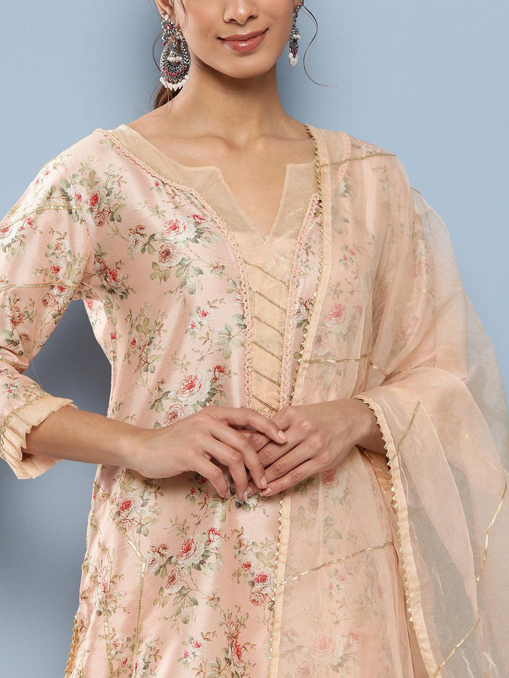 Divena Poly Chanderi floral Printed Kurta Pant Set with Organza Dupatta