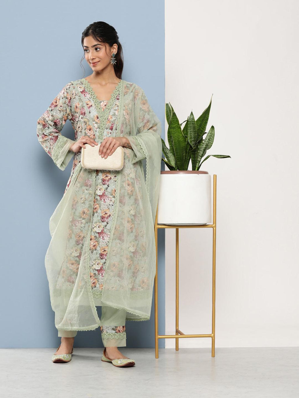 Divena Poly Chanderi Floral Printed Kurta Pant Set with Organza Dupatta