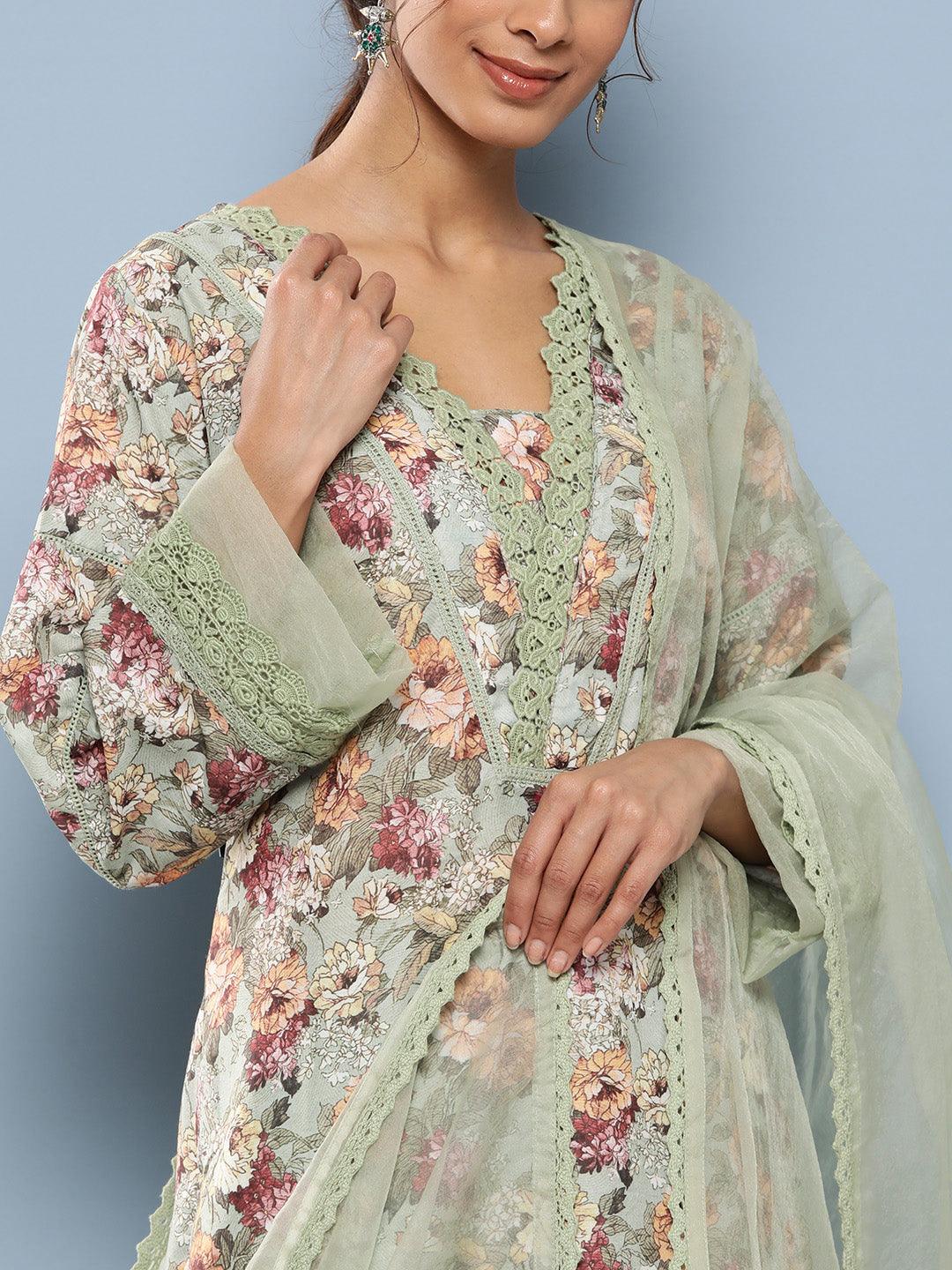 Divena Poly Chanderi Floral Printed Kurta Pant Set with Organza Dupatta
