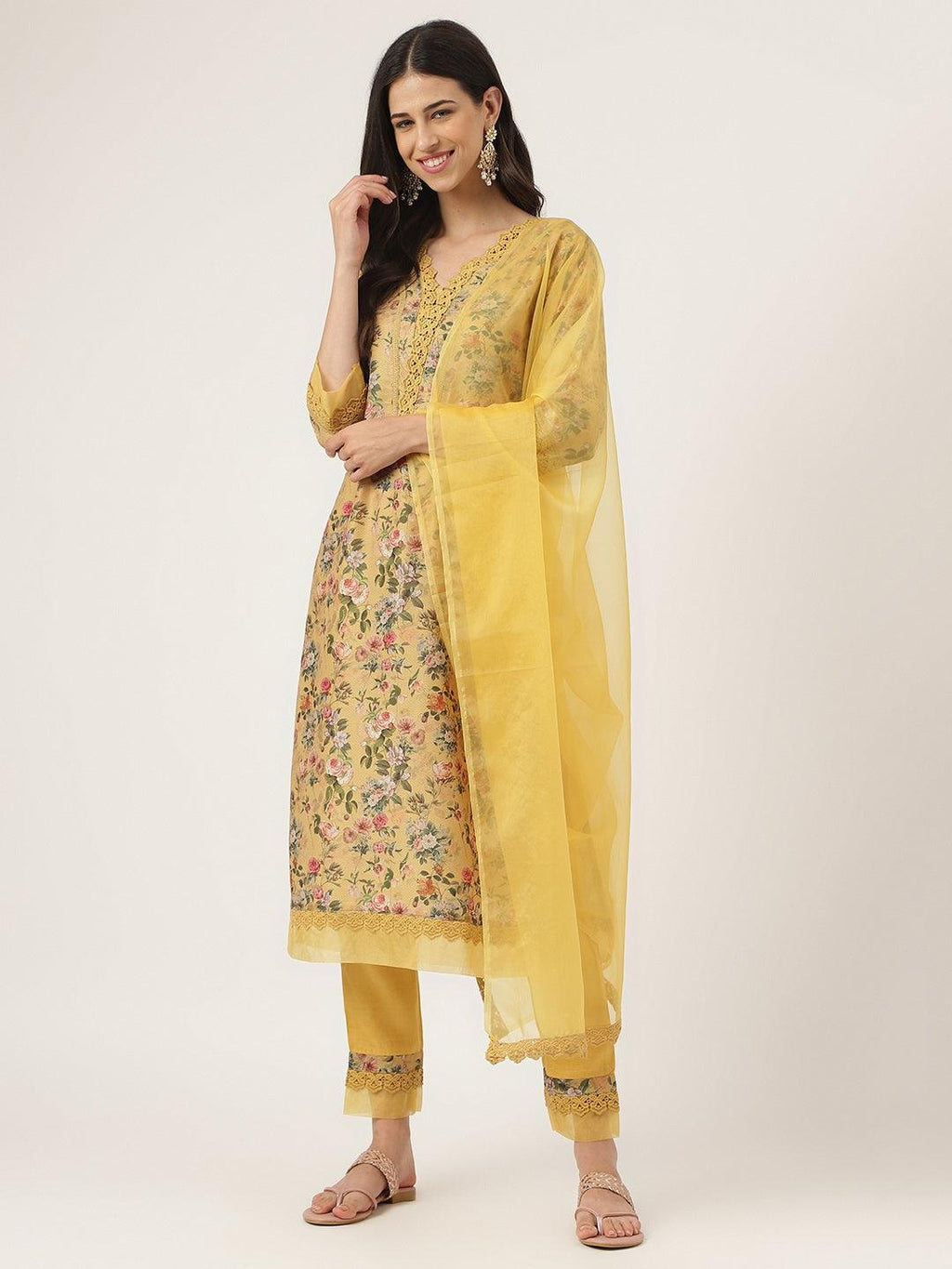 Divena Poly Chanderi Floral Printed Kurta Pant Set with Organza Dupatta