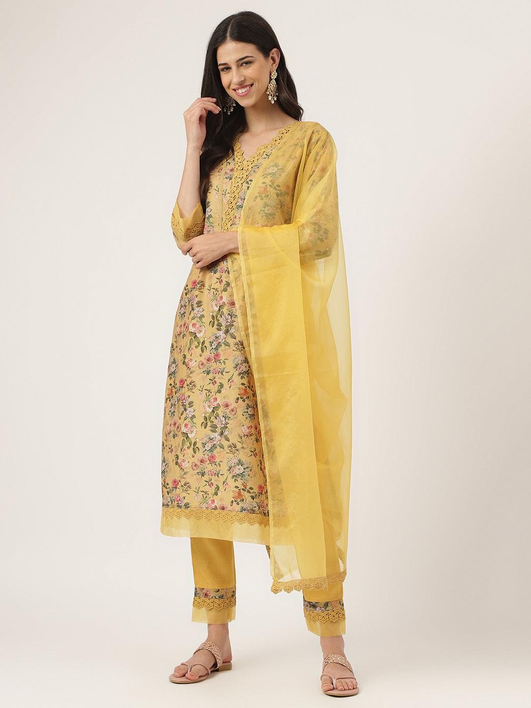 Divena Poly Chanderi Floral Printed Kurta Pant Set with Organza Dupatta