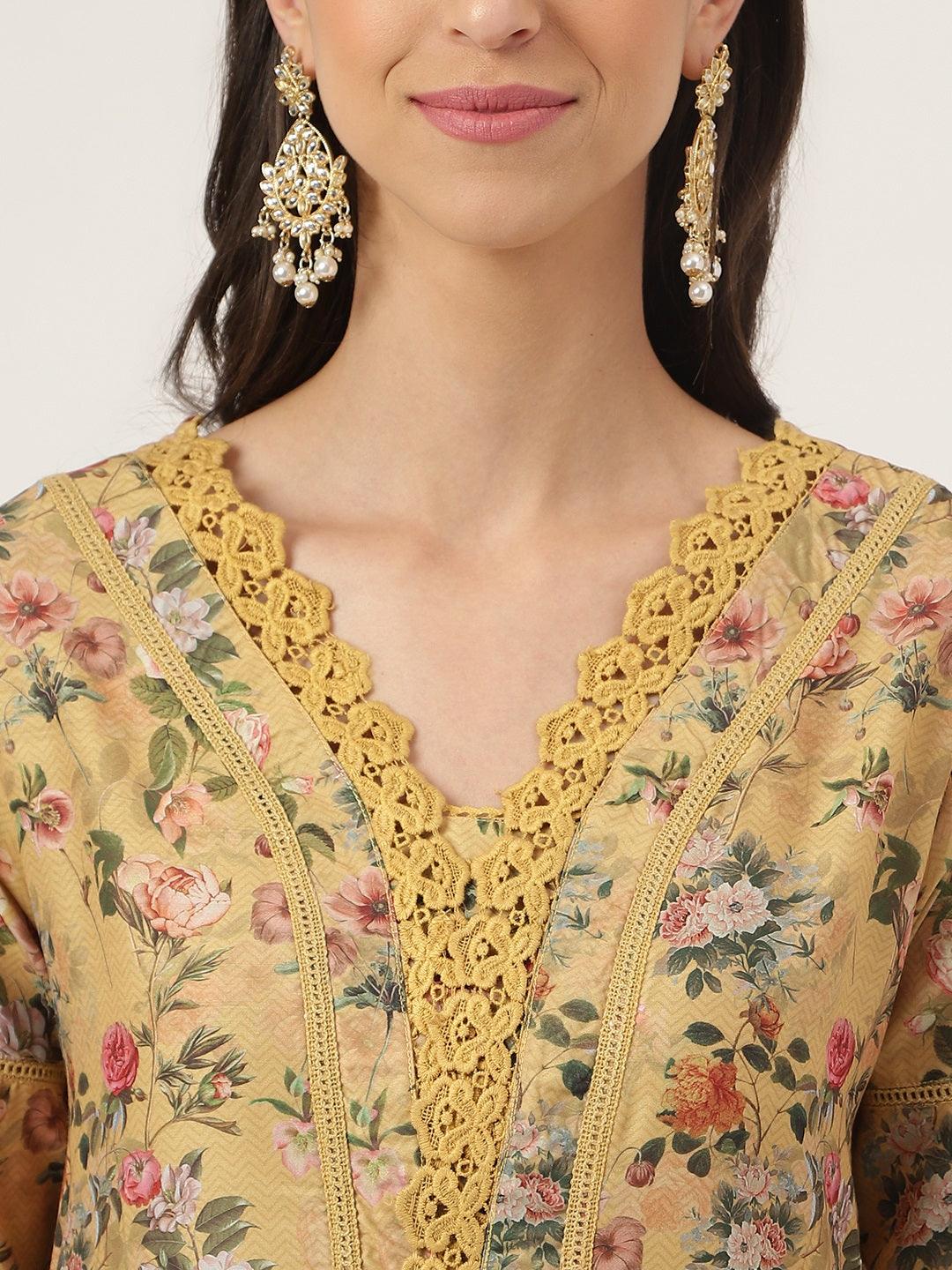 Divena Poly Chanderi Floral Printed Kurta Pant Set with Organza Dupatta