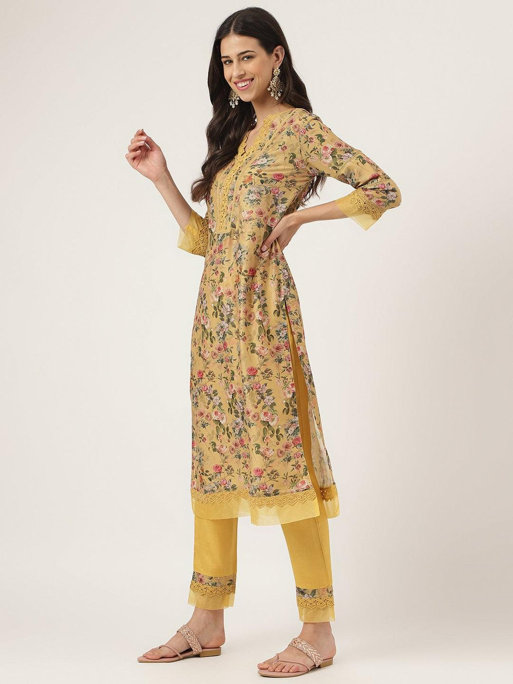 Divena Poly Chanderi Floral Printed Kurta Pant Set with Organza Dupatta