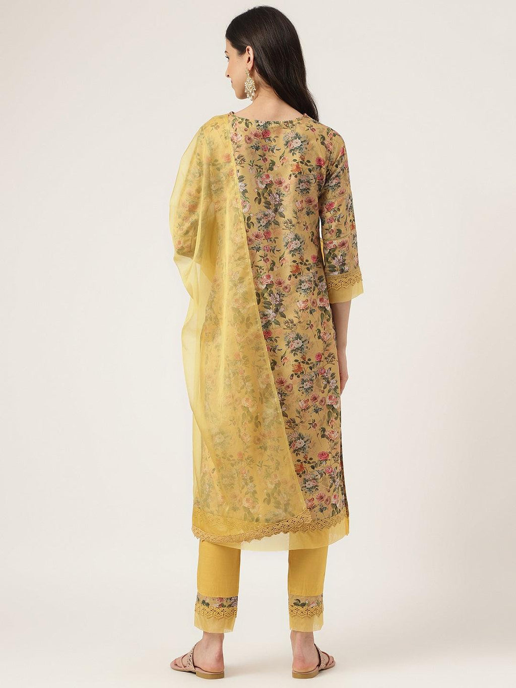 Divena Poly Chanderi Floral Printed Kurta Pant Set with Organza Dupatta