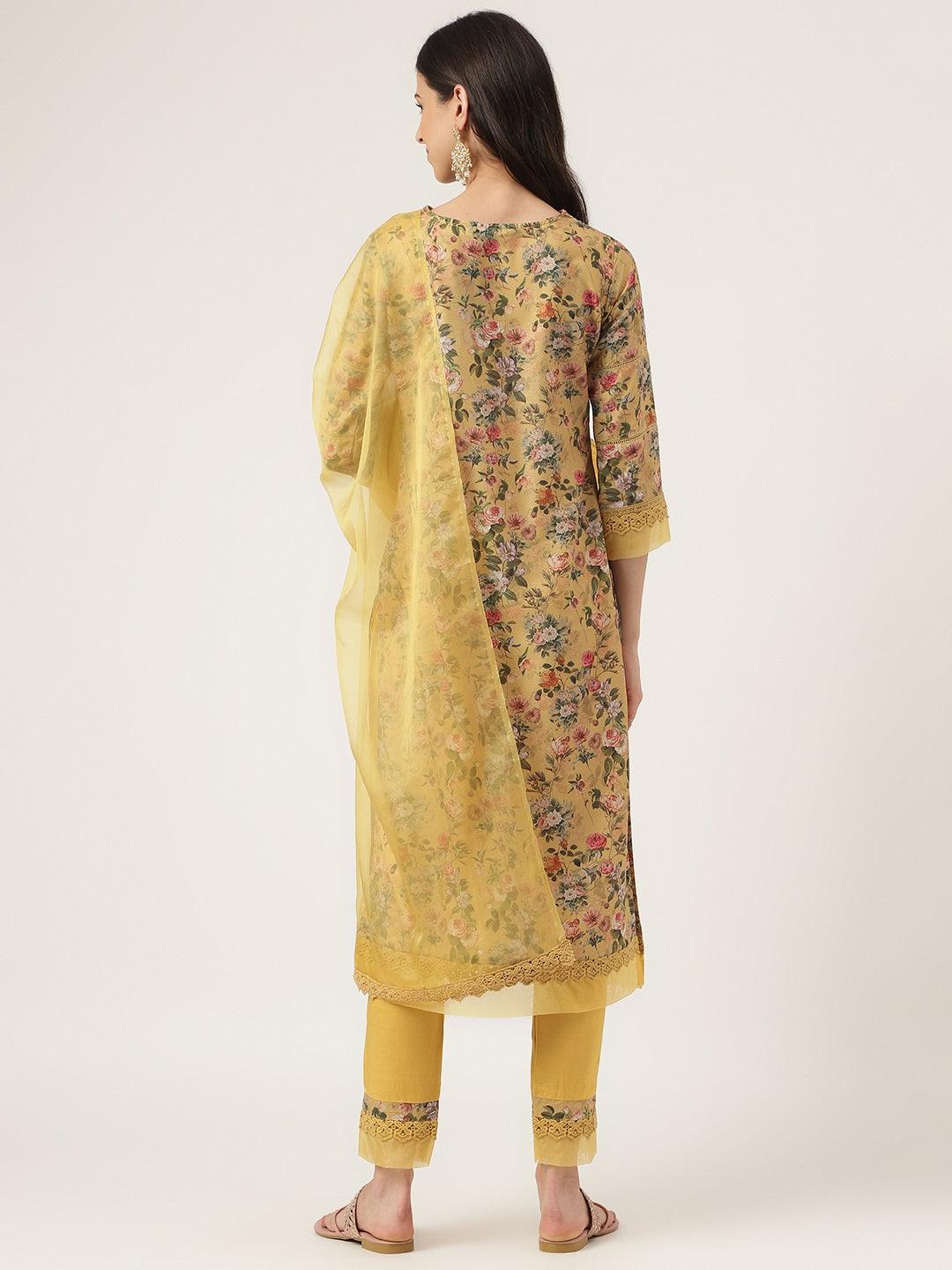Divena Poly Chanderi Floral Printed Kurta Pant Set with Organza Dupatta