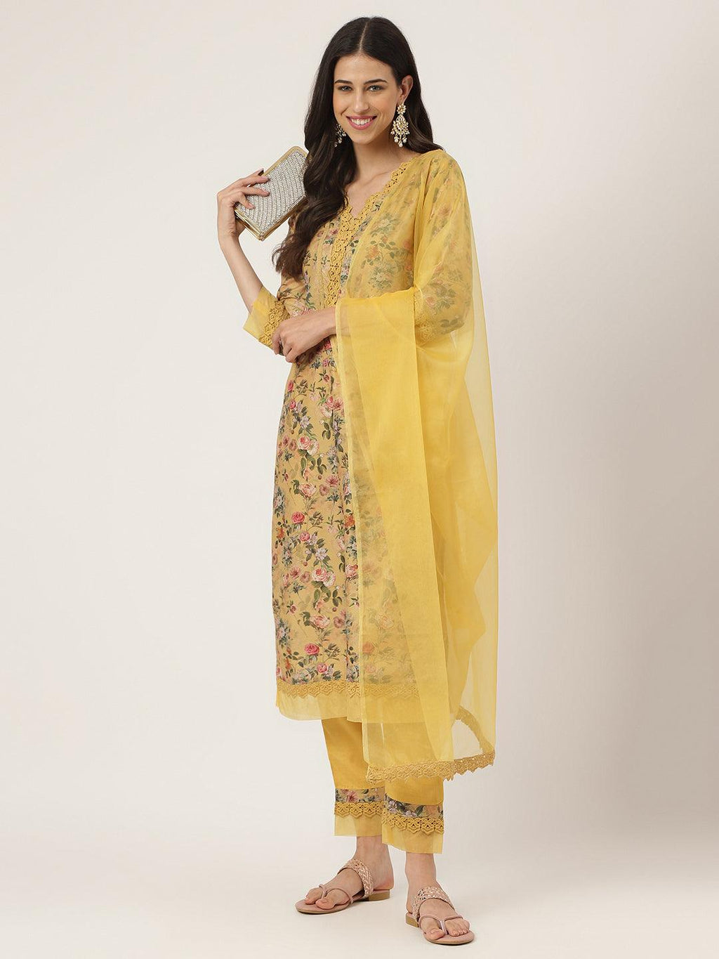 Divena Poly Chanderi Floral Printed Kurta Pant Set with Organza Dupatta