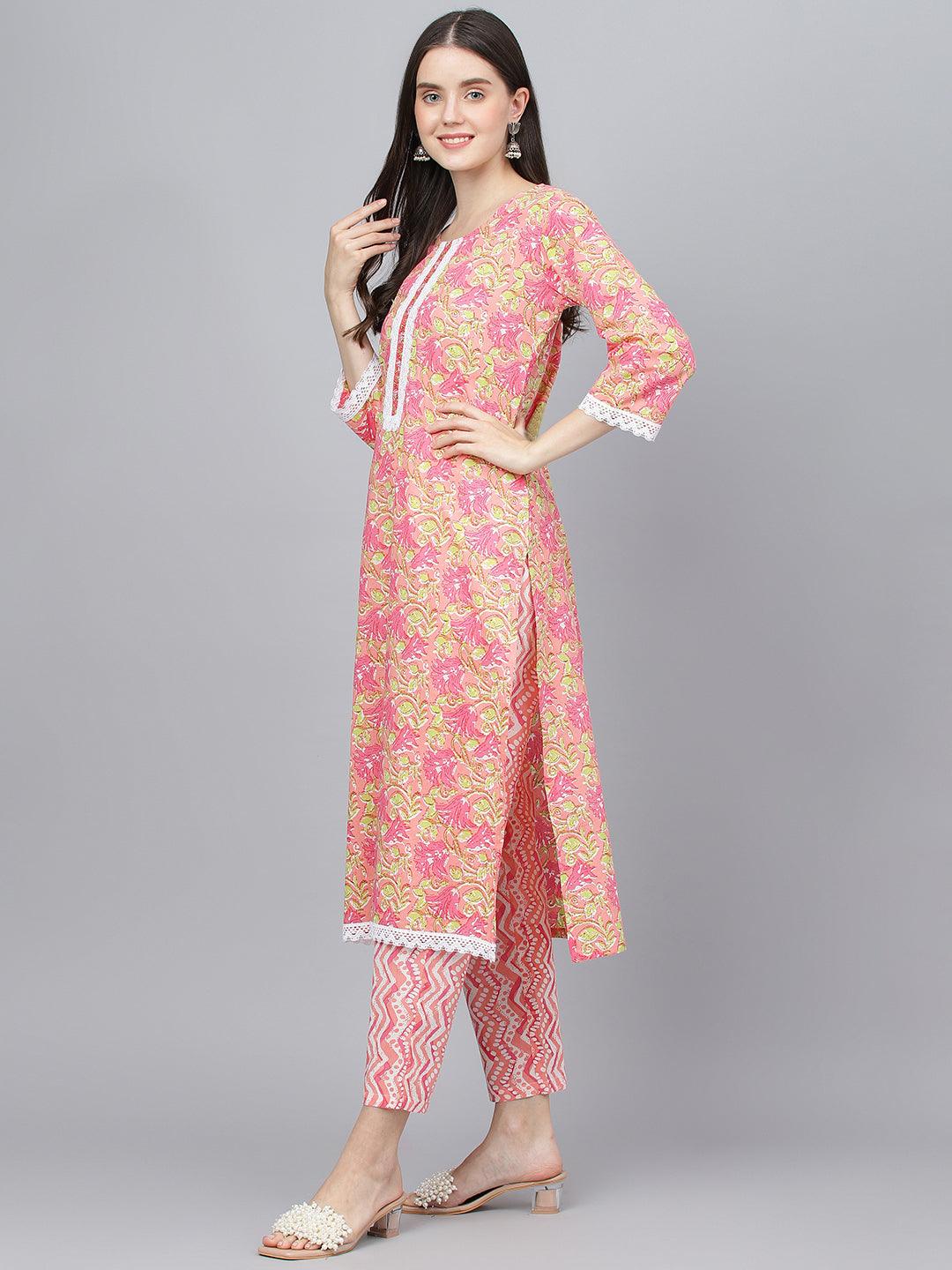 Divena Peach Floral Printed Kurta Pant set With Dupatta