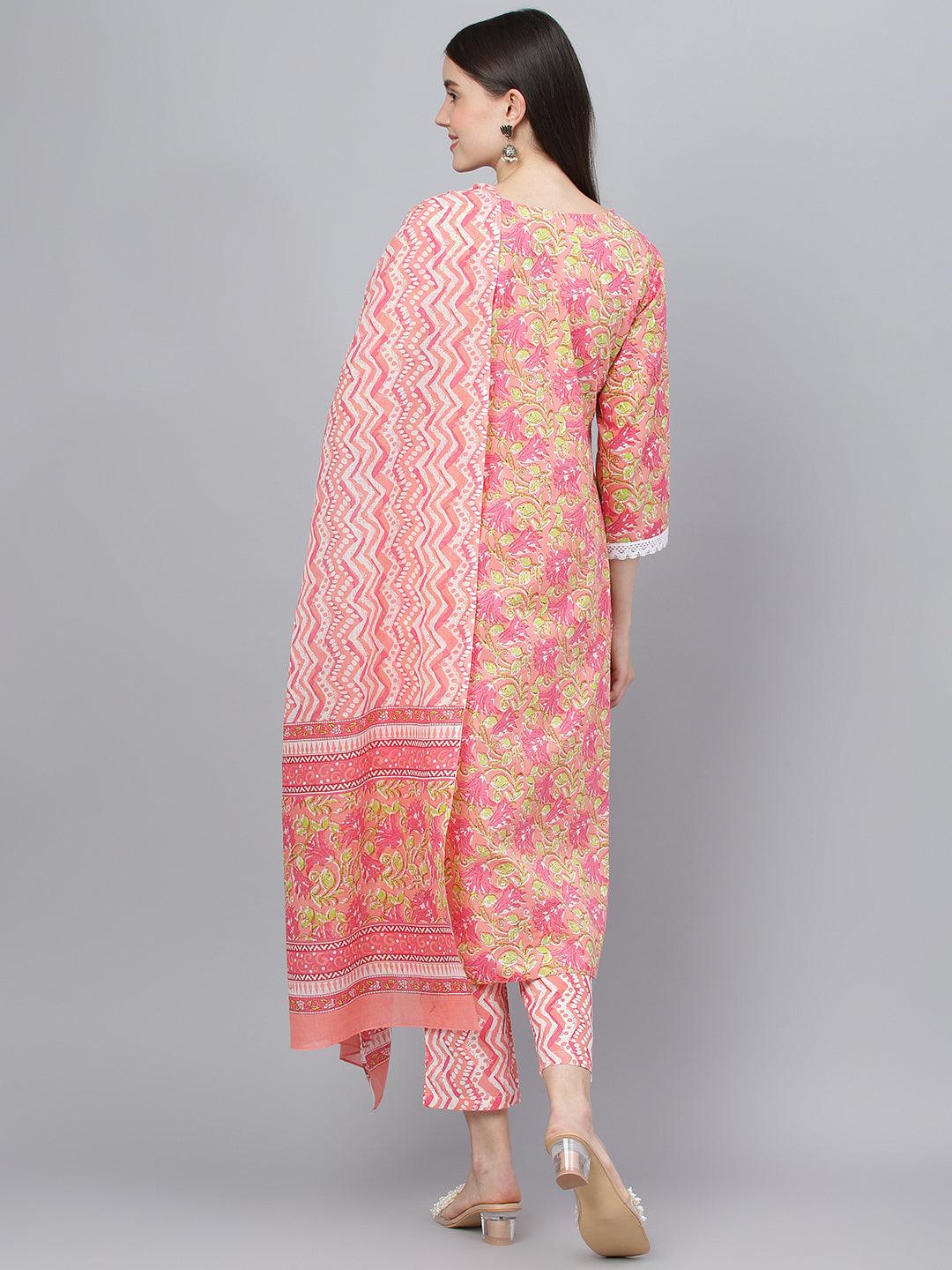 Divena Peach Floral Printed Kurta Pant set With Dupatta
