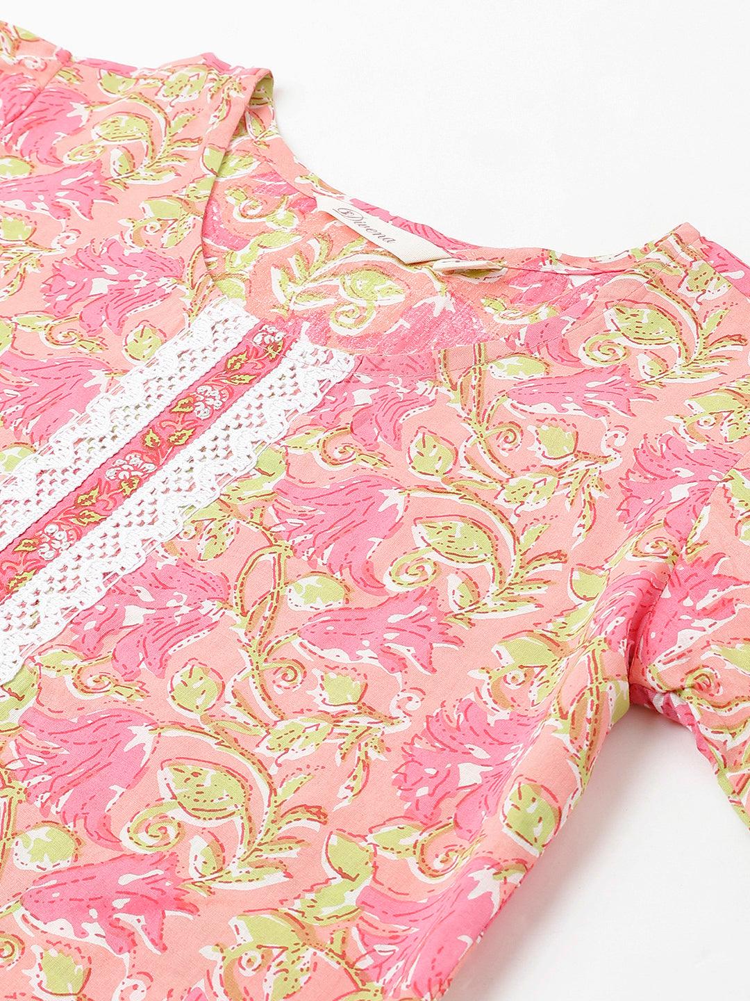 Divena Peach Floral Printed Kurta Pant set With Dupatta