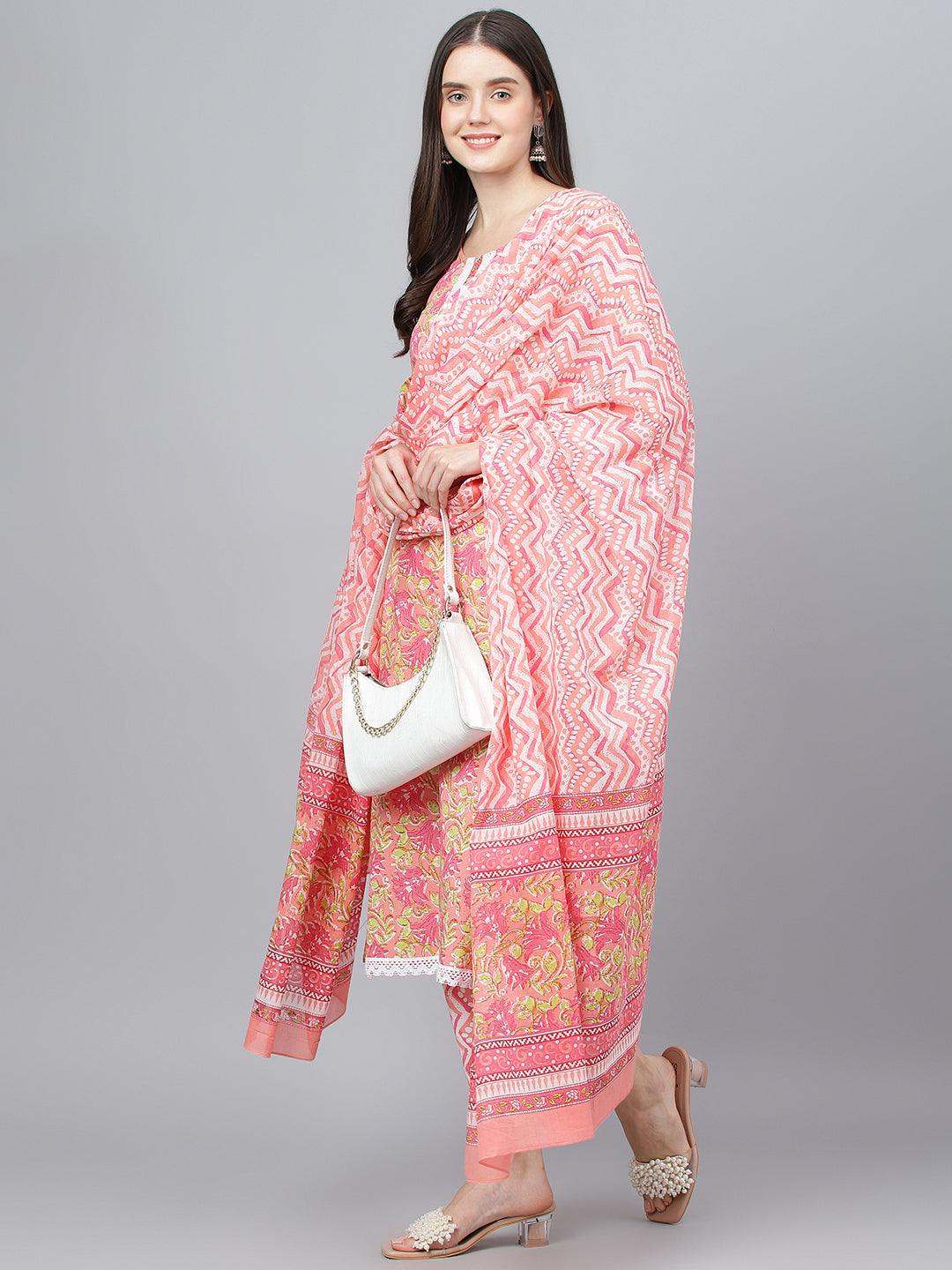 Divena Peach Floral Printed Kurta Pant set With Dupatta