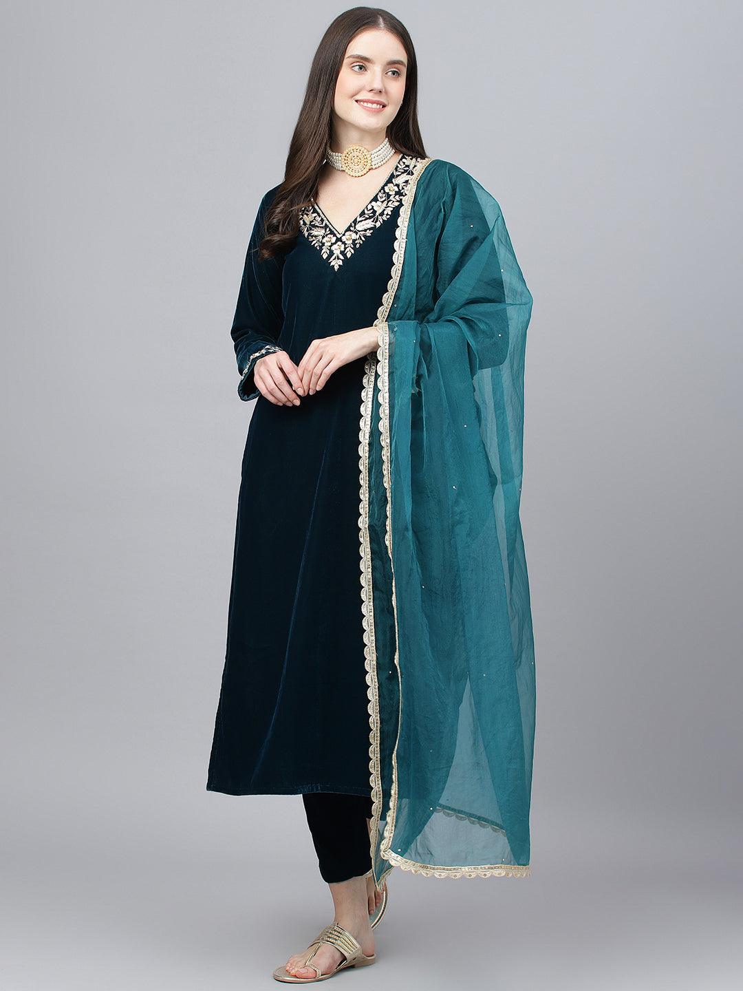 Divena Teal Green Velvet hand work Kurta pant With Organza Dupatta set