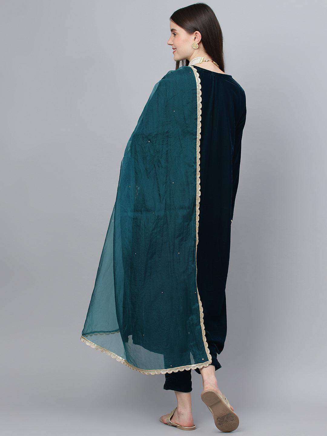 Divena Teal Green Velvet hand work Kurta pant With Organza Dupatta set