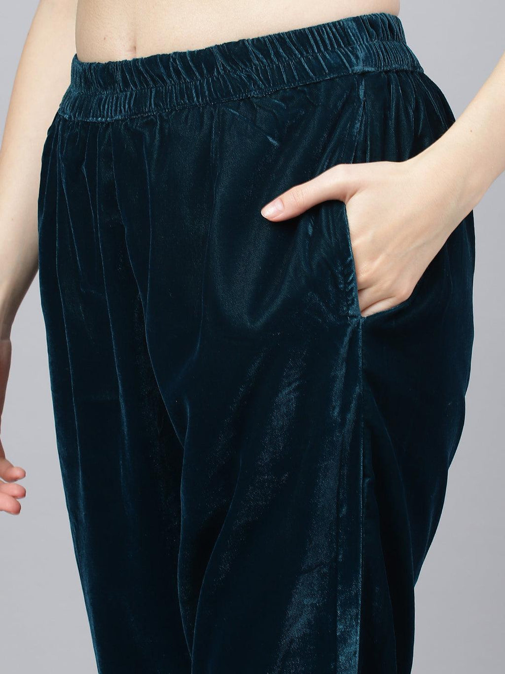 Divena Teal Green Velvet hand work Kurta pant With Organza Dupatta set