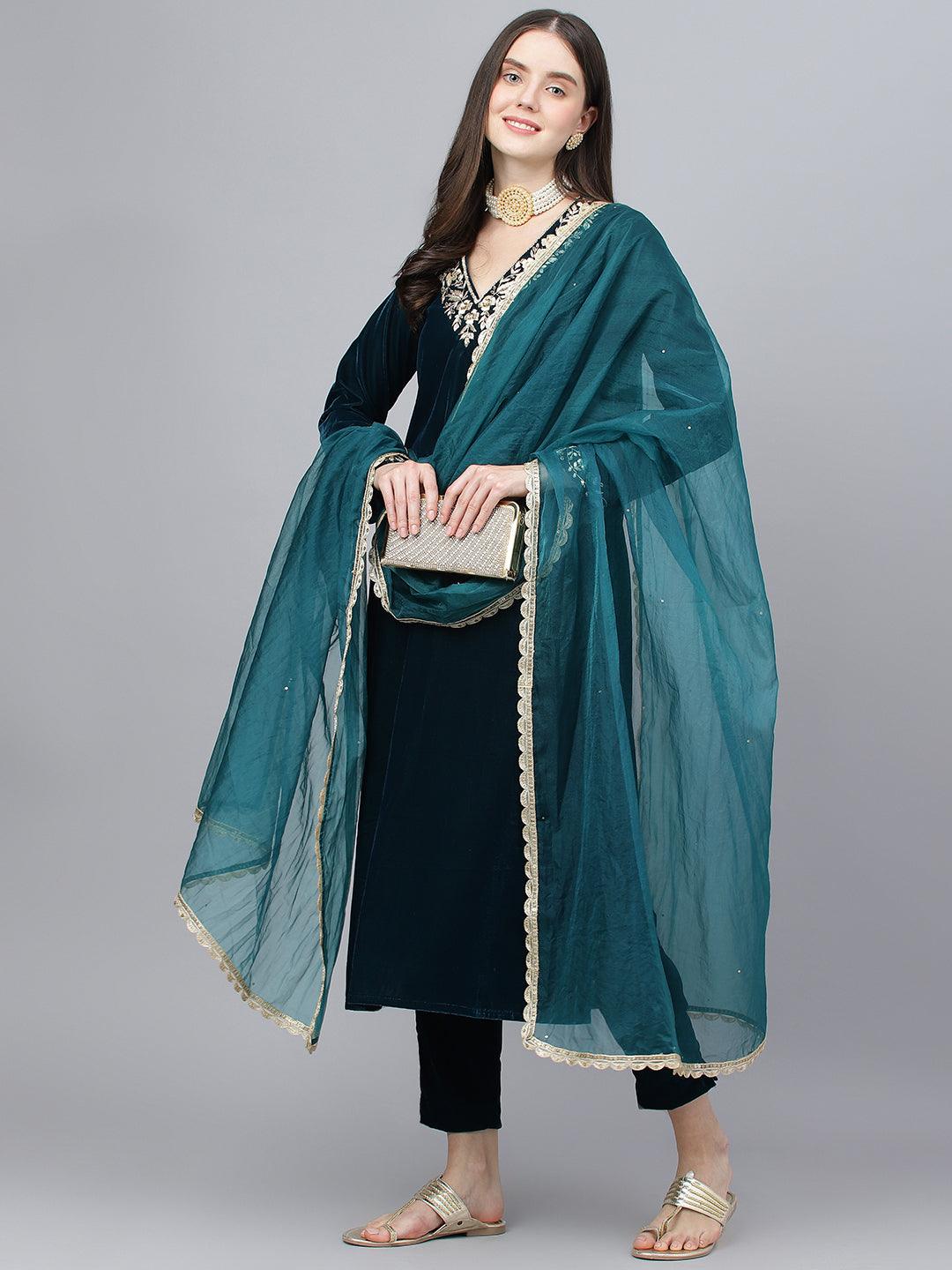 Divena Teal Green Velvet hand work Kurta pant With Organza Dupatta set