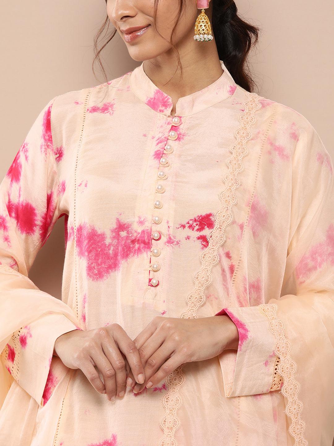 Divena Muslin Tie and dye Printed Kurta Pant Set with Organza Dupatta