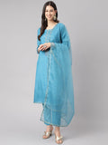 Divena Teal Blue Muslin Embroidary Kurta pant Set with Organza Dupatta