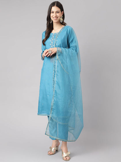 Divena Teal Blue Muslin Embroidary Kurta pant Set with Organza Dupatta