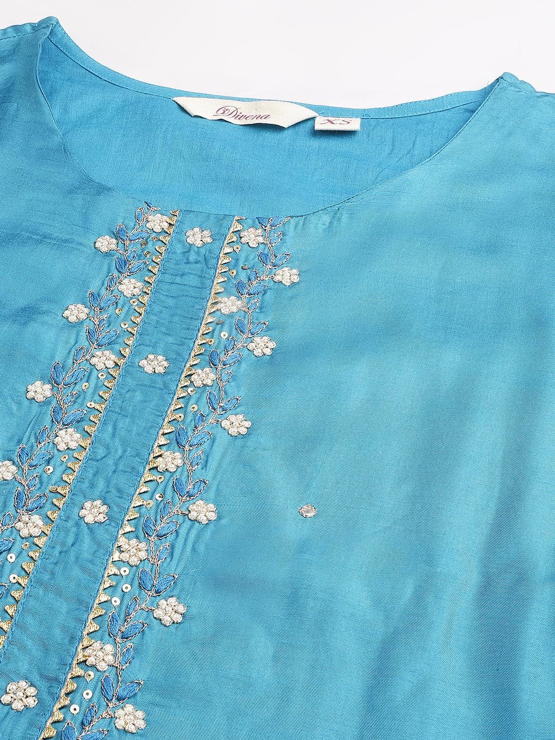 Divena Teal Blue Muslin Embroidery Kurta pant Set with Organza Dupatta