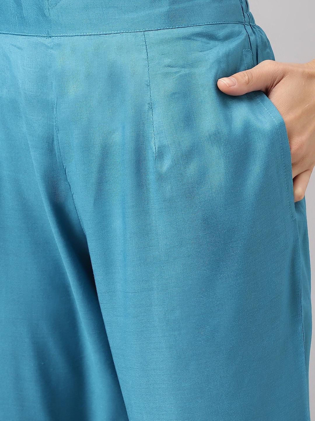 Divena Teal Blue Muslin Embroidery Kurta pant Set with Organza Dupatta