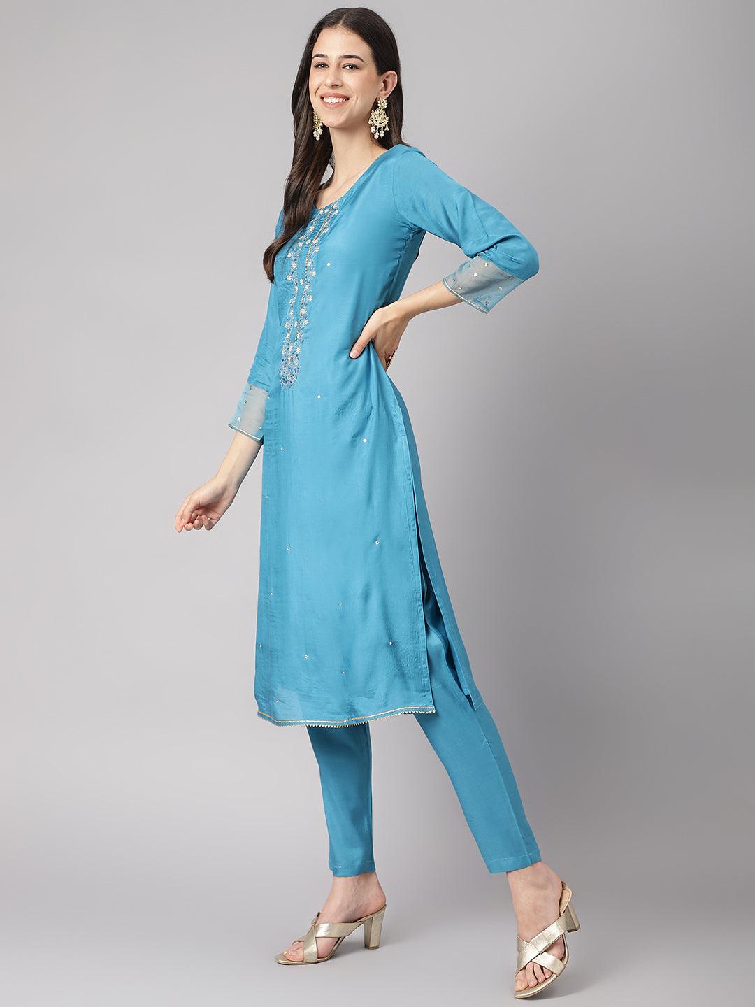 Divena Teal Blue Muslin Embroidary Kurta pant Set with Organza Dupatta