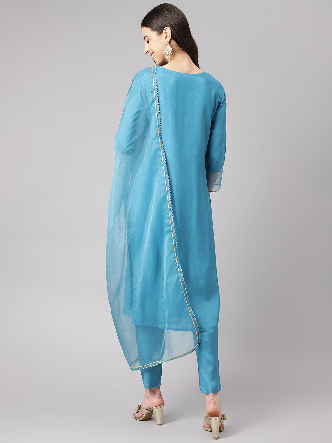 Divena Teal Blue Muslin Embroidery Kurta pant Set with Organza Dupatta