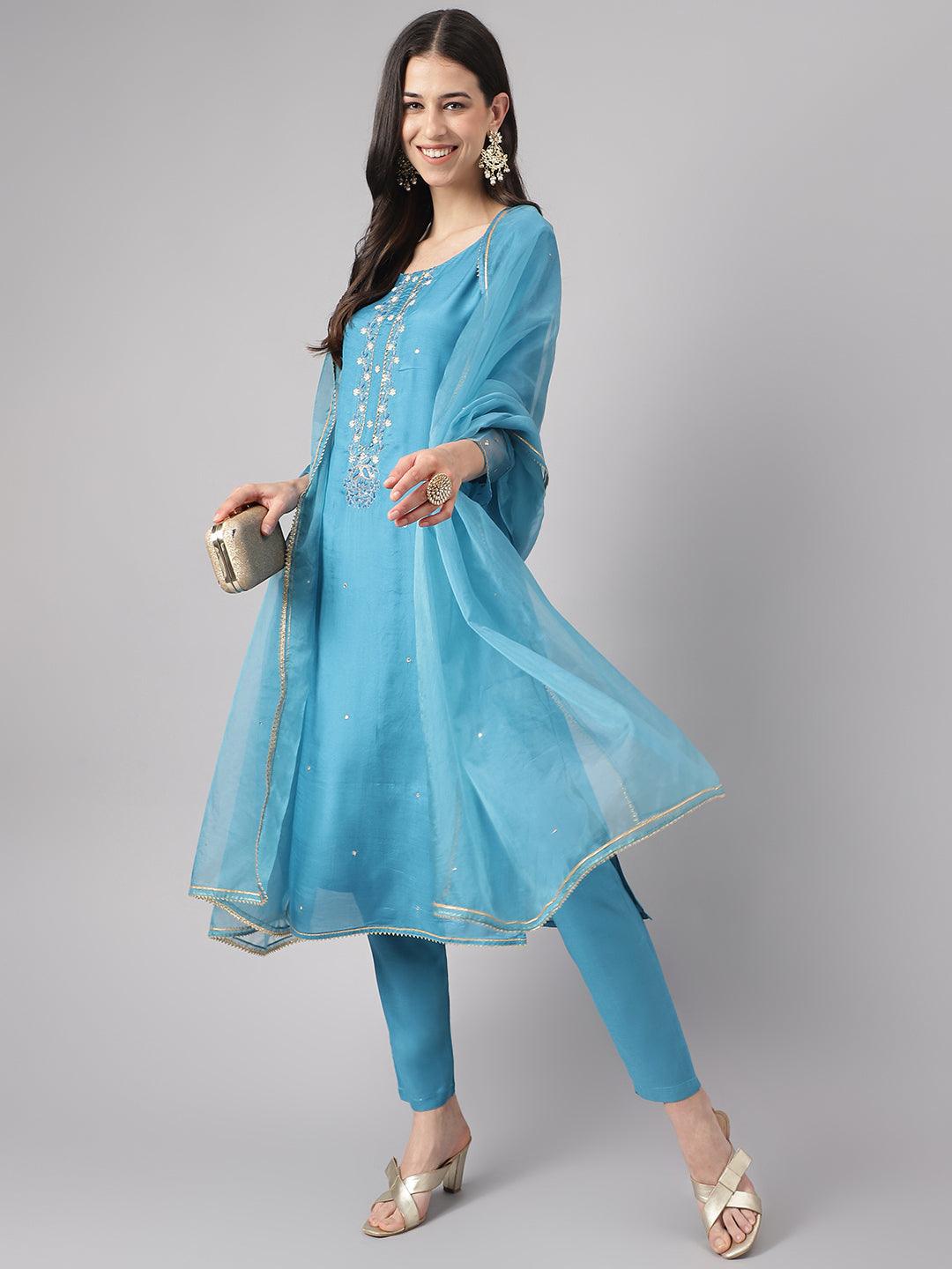 Divena Teal Blue Muslin Embroidery Kurta pant Set with Organza Dupatta