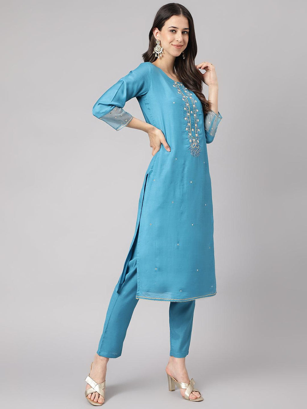 Divena Teal Blue Muslin Embroidery Kurta pant Set with Organza Dupatta