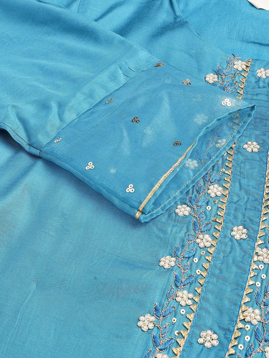 Divena Teal Blue Muslin Embroidery Kurta pant Set with Organza Dupatta