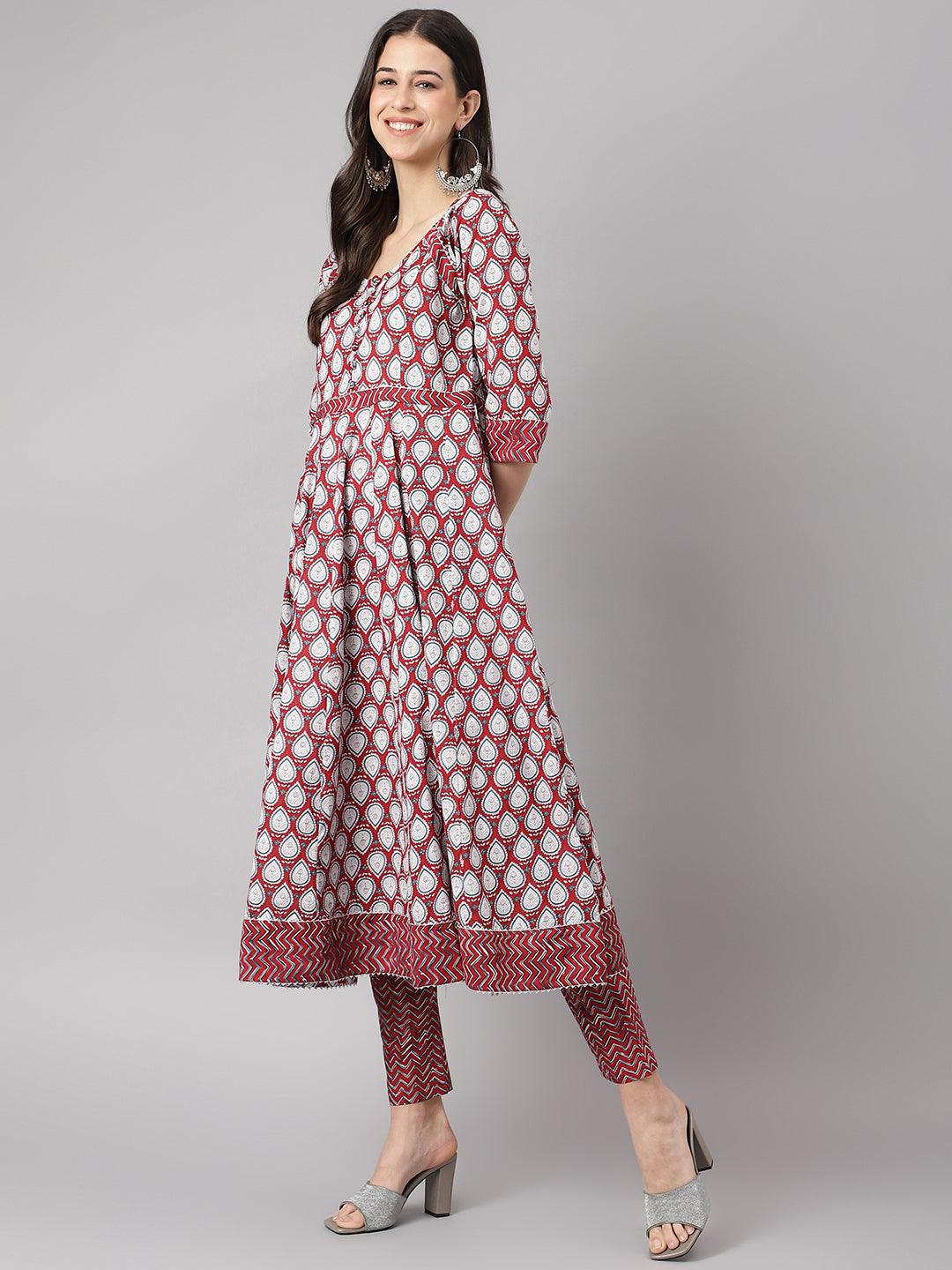 Divena Maroon Cotton Anakali Kurta pant set with Dupatta