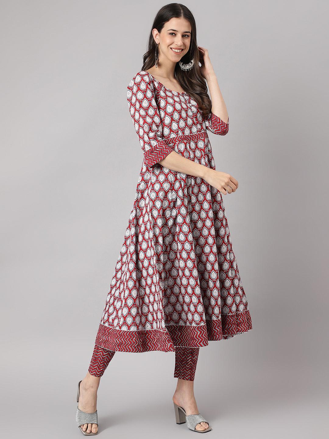 Divena Maroon Cotton Anakali Kurta pant set with Dupatta