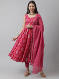 Divena Magenta Floral Cotton Anarkali Kurta Pant Set with Dupatta