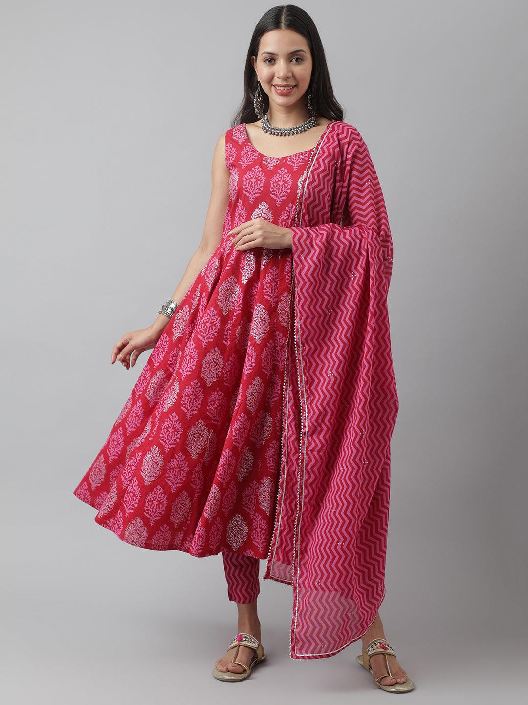 Divena Magenta Floral Cotton Anarkali Kurta Pant Set with Dupatta