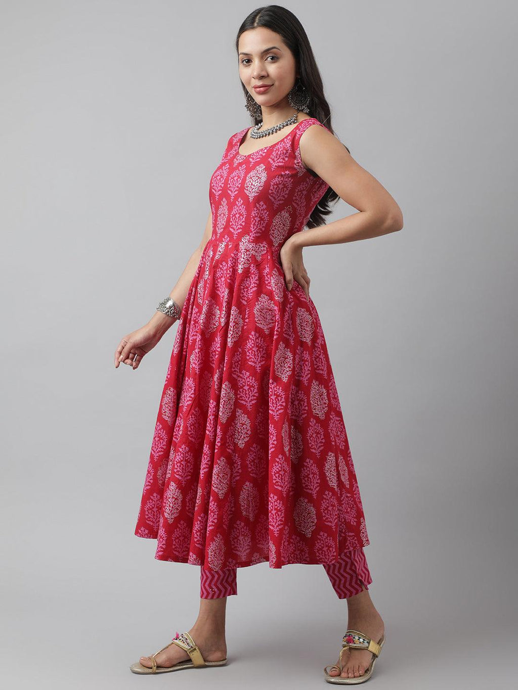 Divena Magenta Floral Cotton Anarkali Kurta Pant Set with Dupatta