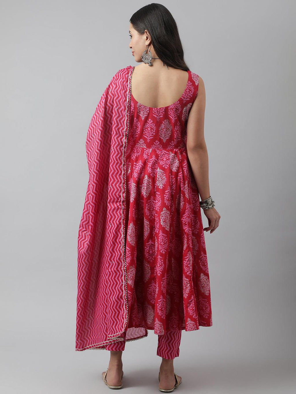 Divena Magenta Floral Cotton Anarkali Kurta Pant Set with Dupatta