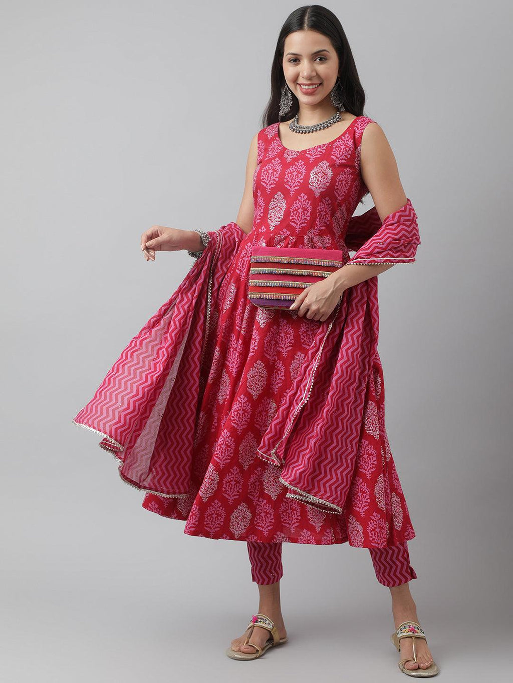 Divena Magenta Floral Cotton Anarkali Kurta Pant Set with Dupatta