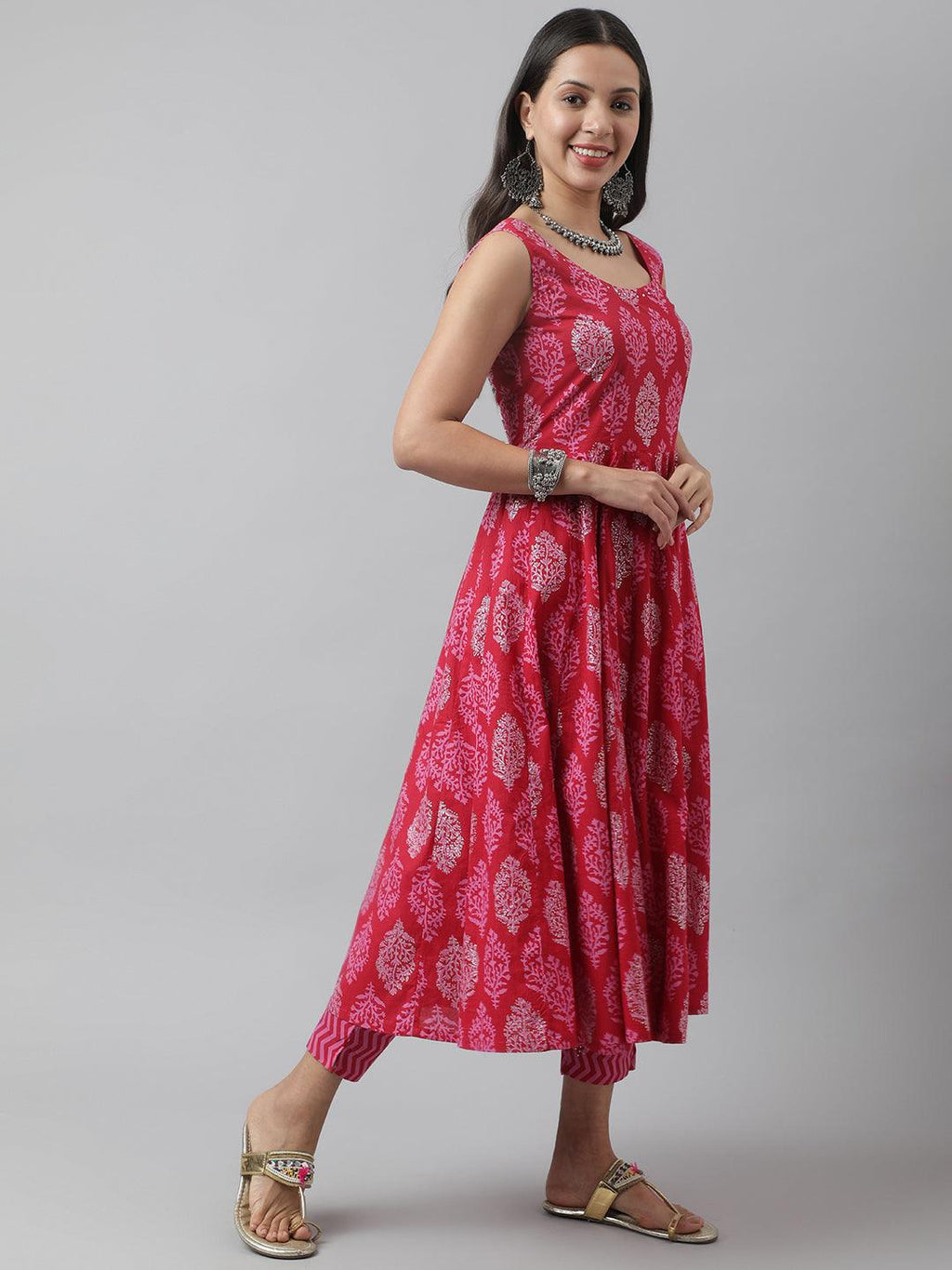 Divena Magenta Floral Cotton Anarkali Kurta Pant Set with Dupatta