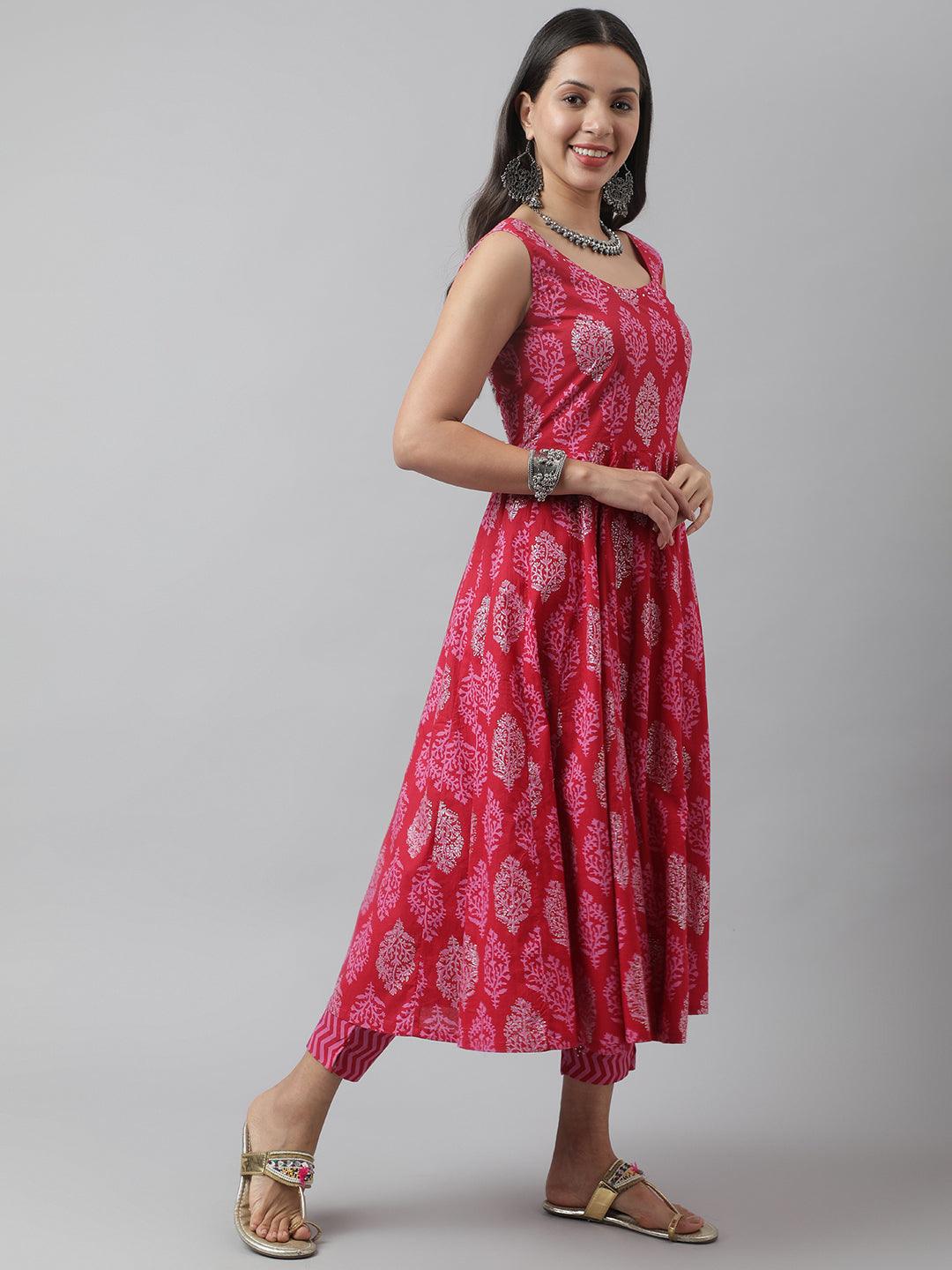 Divena Magenta Floral Cotton Anarkali Kurta Pant Set with Dupatta
