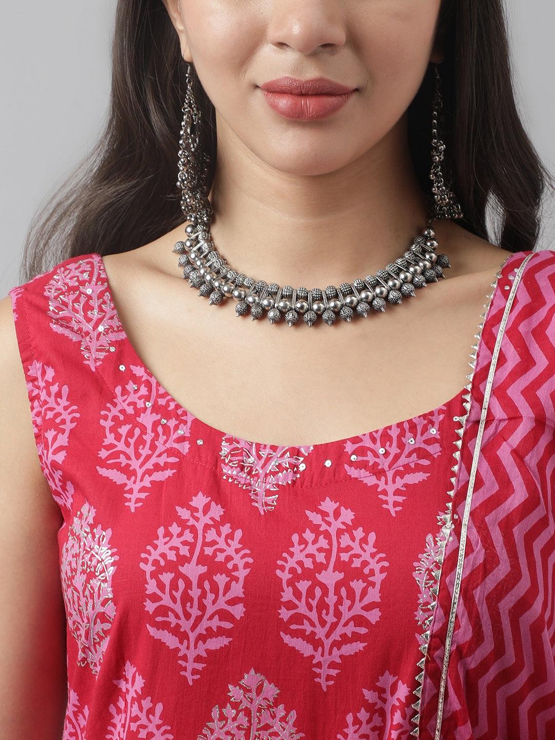 Divena Magenta Floral Cotton Anarkali Kurta Pant Set with Dupatta