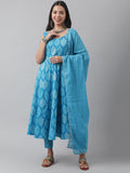Divena Turquoise Blue Floral Cotton Anarkali Kurta Pant Set with Dupatta