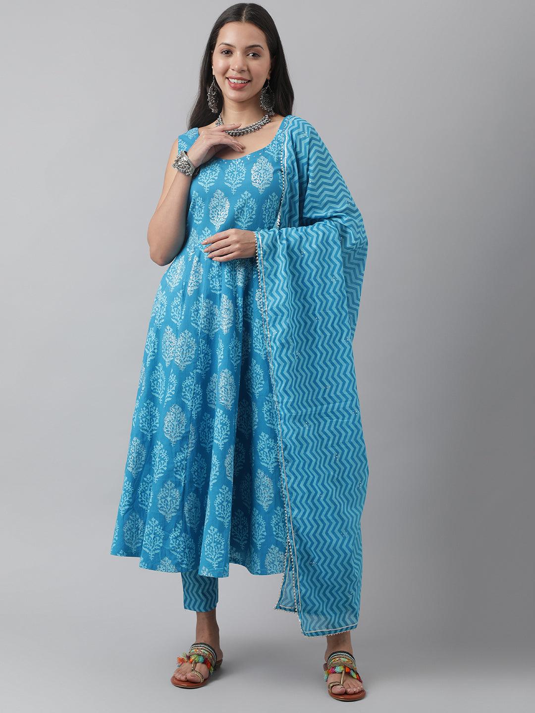 Divena Turquoise Blue Floral Cotton Anarkali Kurta Pant Set with Dupatta
