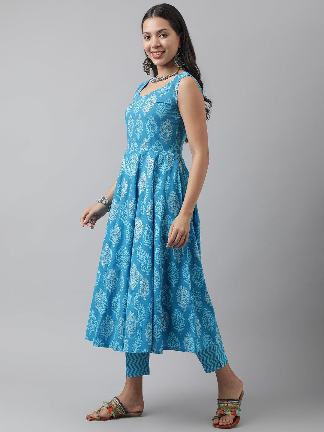 Divena Turquoise Blue Floral Cotton Anarkali Kurta Pant Set with Dupatta