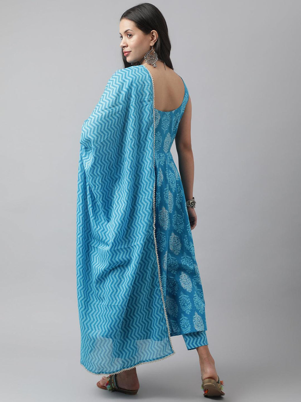 Divena Turquoise Blue Floral Cotton Anarkali Kurta Pant Set with Dupatta