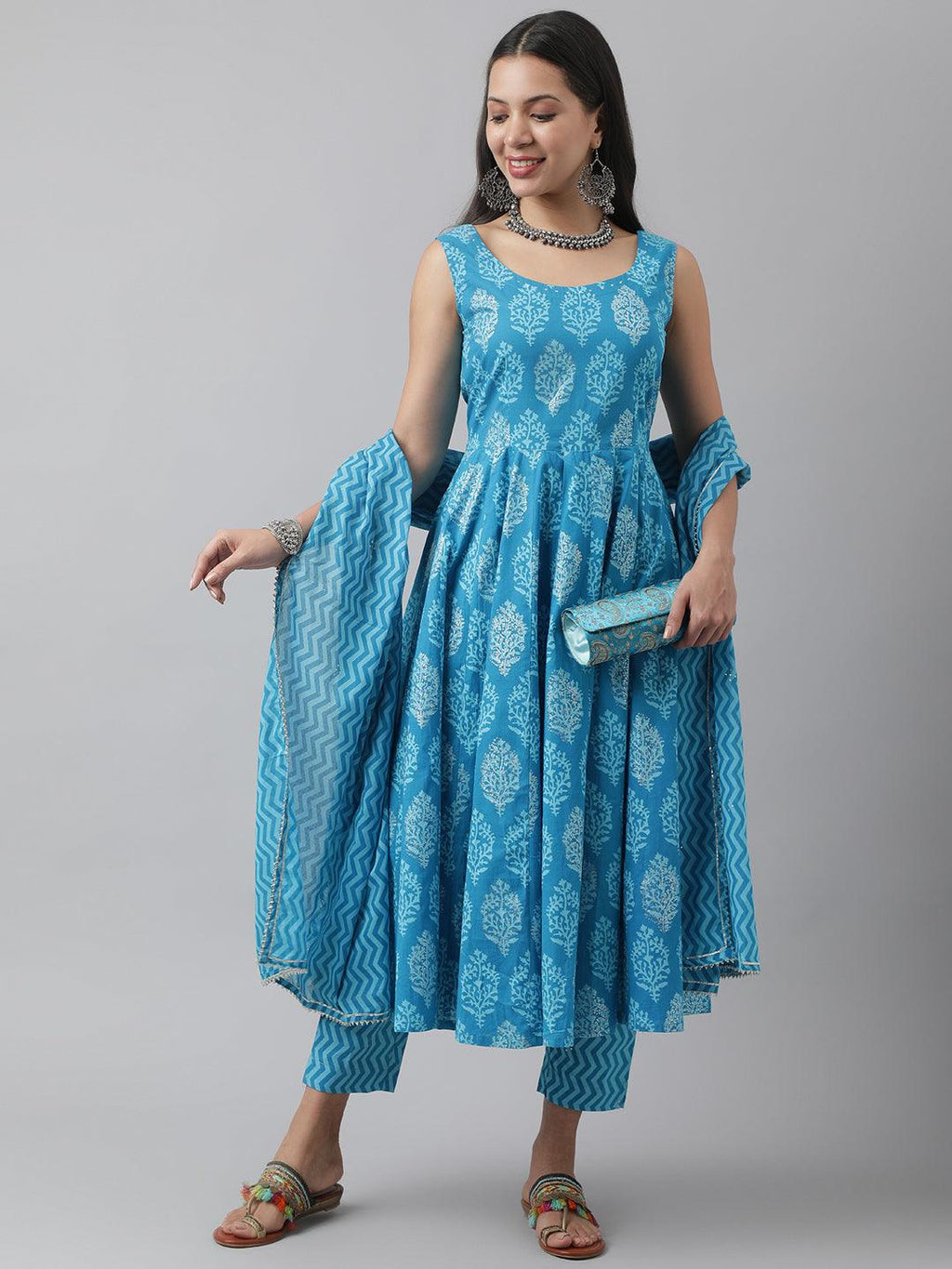Divena Turquoise Blue Floral Cotton Anarkali Kurta Pant Set with Dupatta