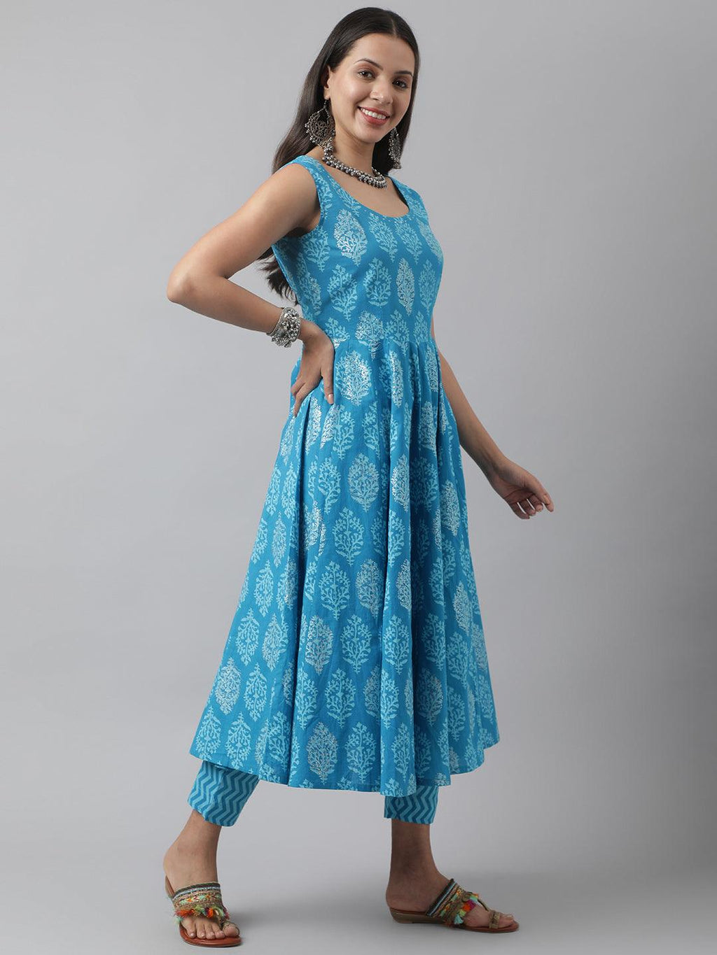 Divena Turquoise Blue Floral Cotton Anarkali Kurta Pant Set with Dupatta