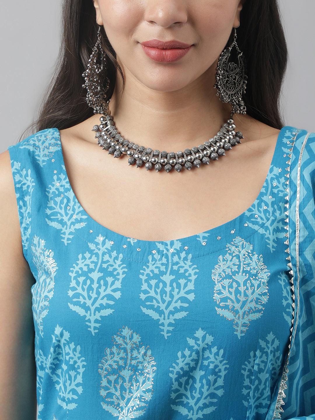 Divena Turquoise Blue Floral Cotton Anarkali Kurta Pant Set with Dupatta